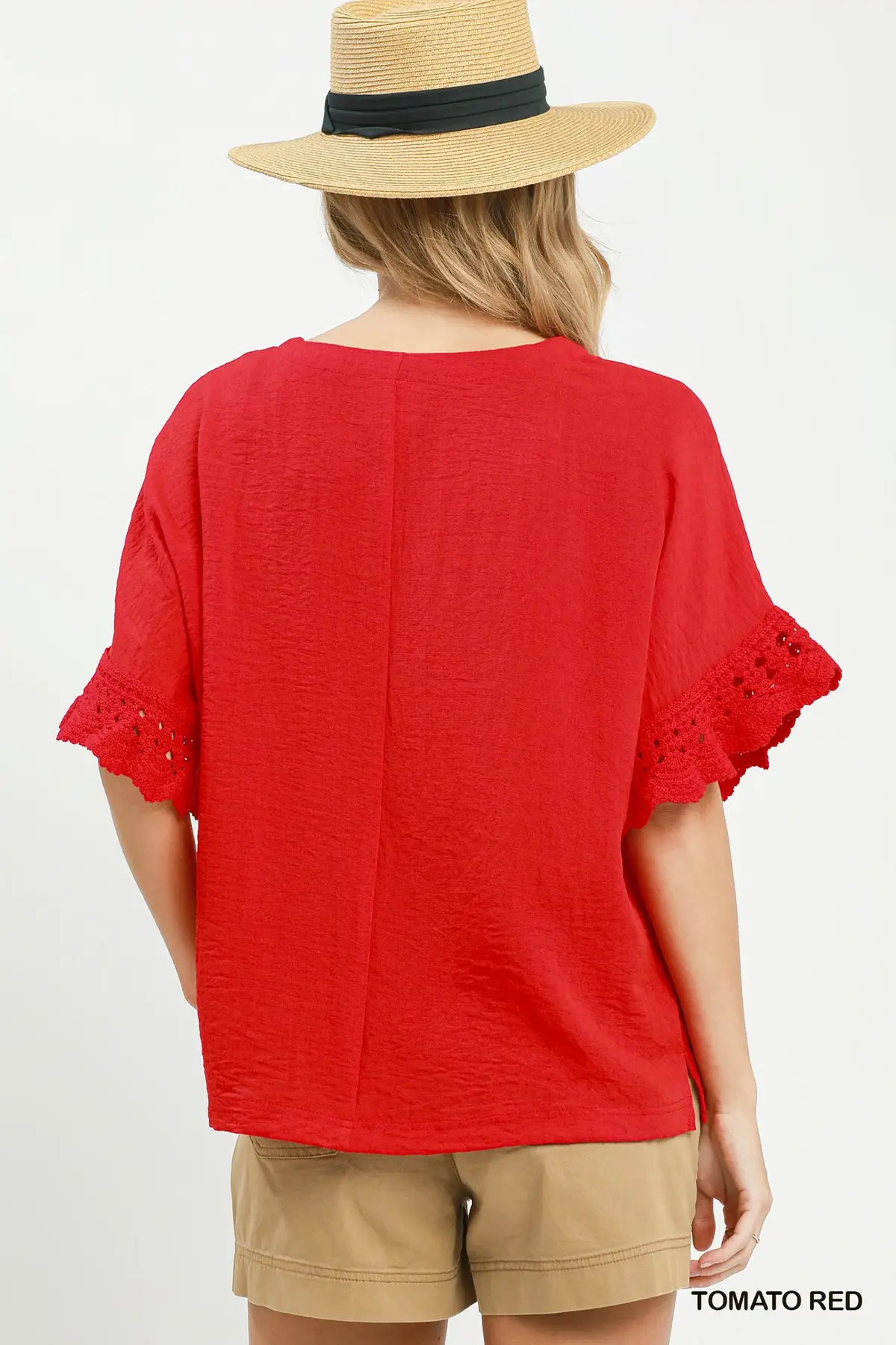 Tomato Red Crochet Flutter Sleeve Top