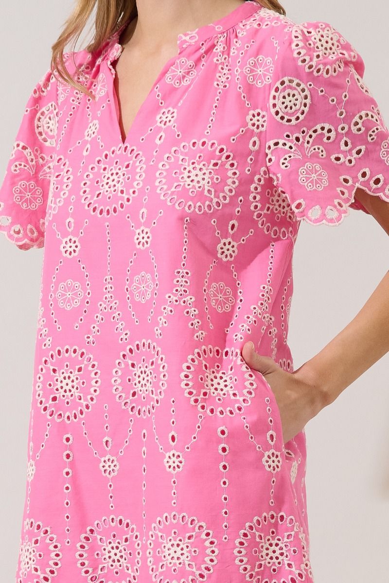 Pink Embroidered Scalloped Mini Dress