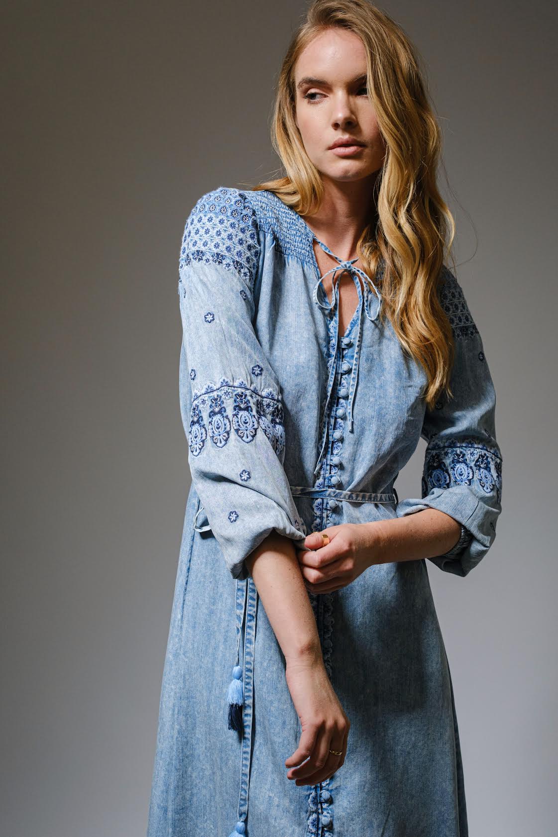 Washed Tencel Denim Embroidered Maxi Dress