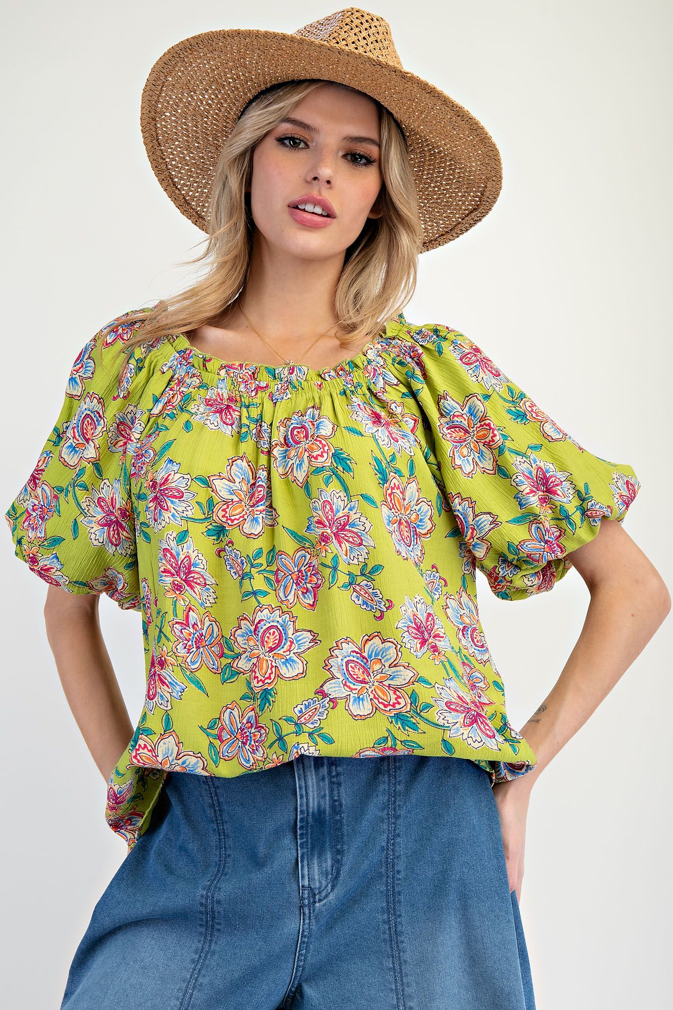 Chartreuse Floral Peasant Blouse