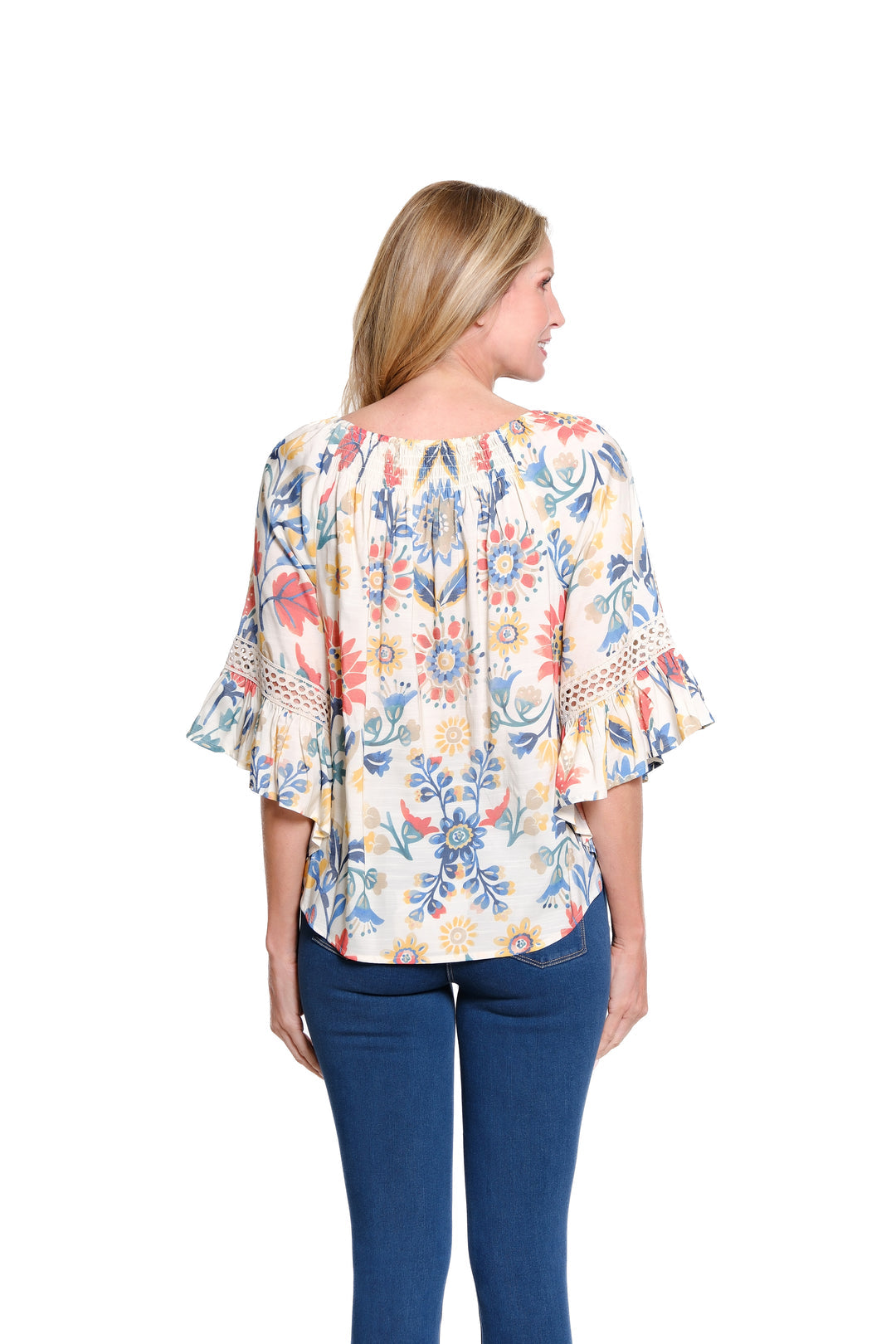 Multi Floral Peasant Top w/ Denim Lace Trim