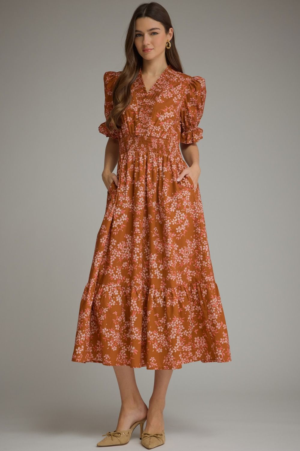 Autumn Bloom Floral Midi Dress 🌸)