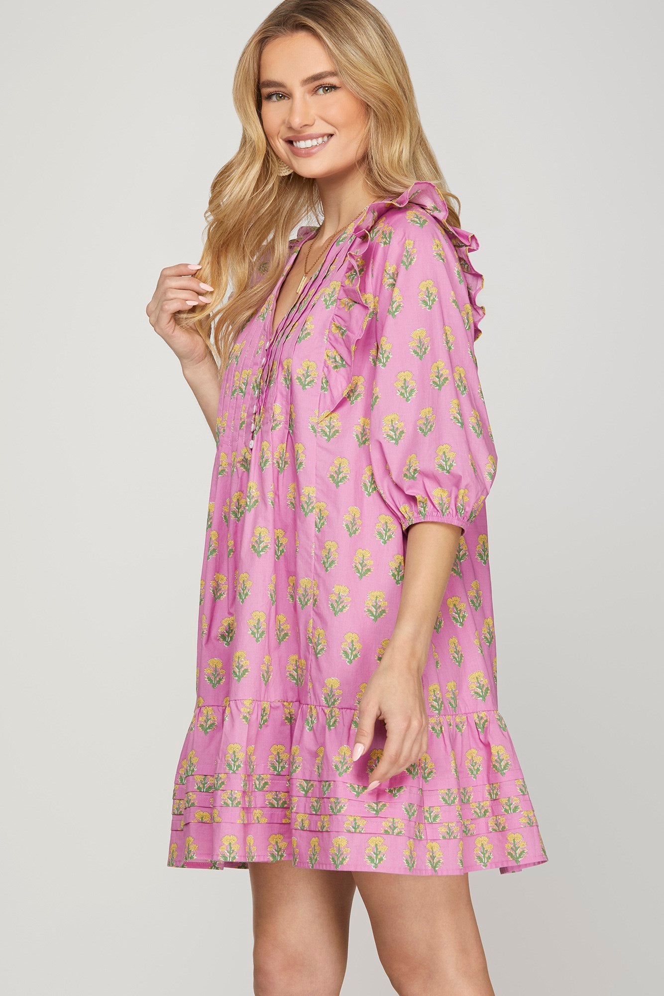 PInk & Yellow Daisy Pintuck Mini Dress