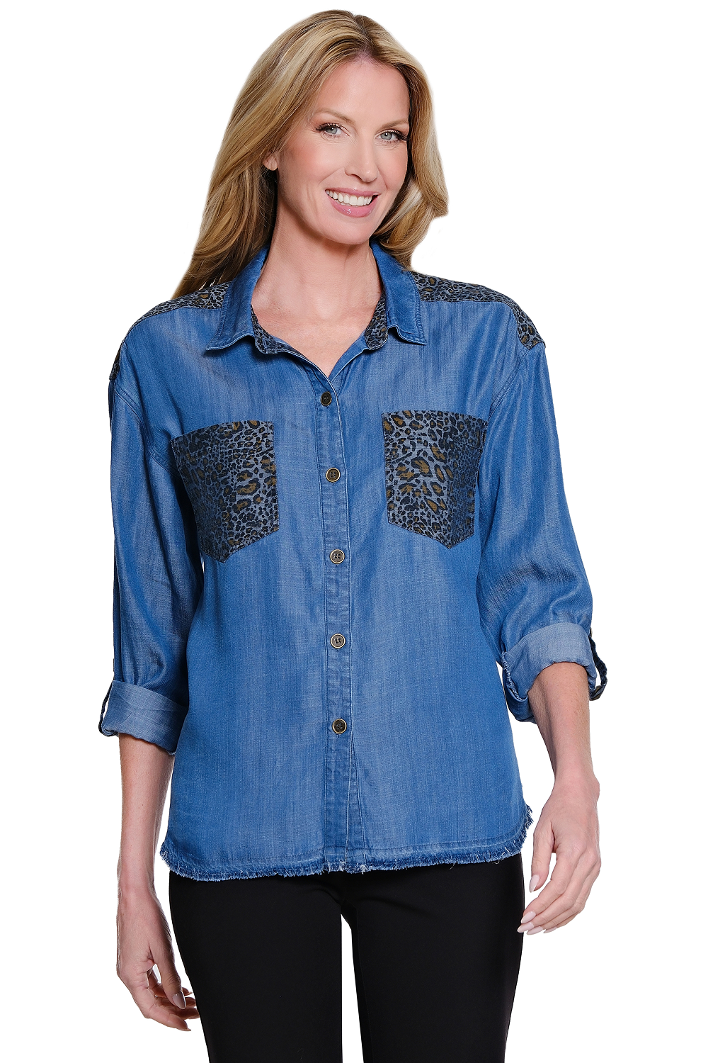 Denim Top w/ Two Front Pockets/Leopard by Multiples