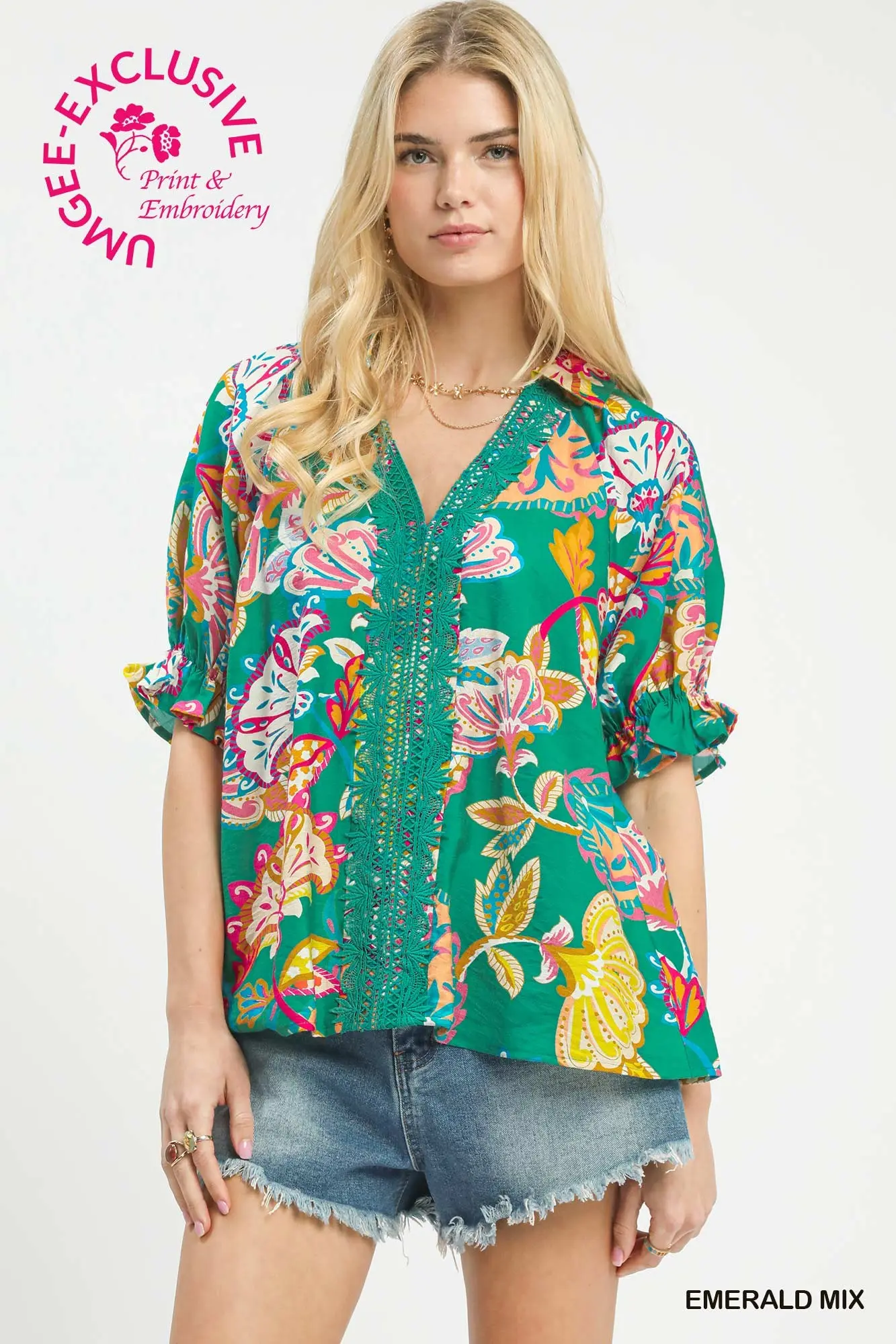 Emerald Green Mix Paisley V-Neck Top