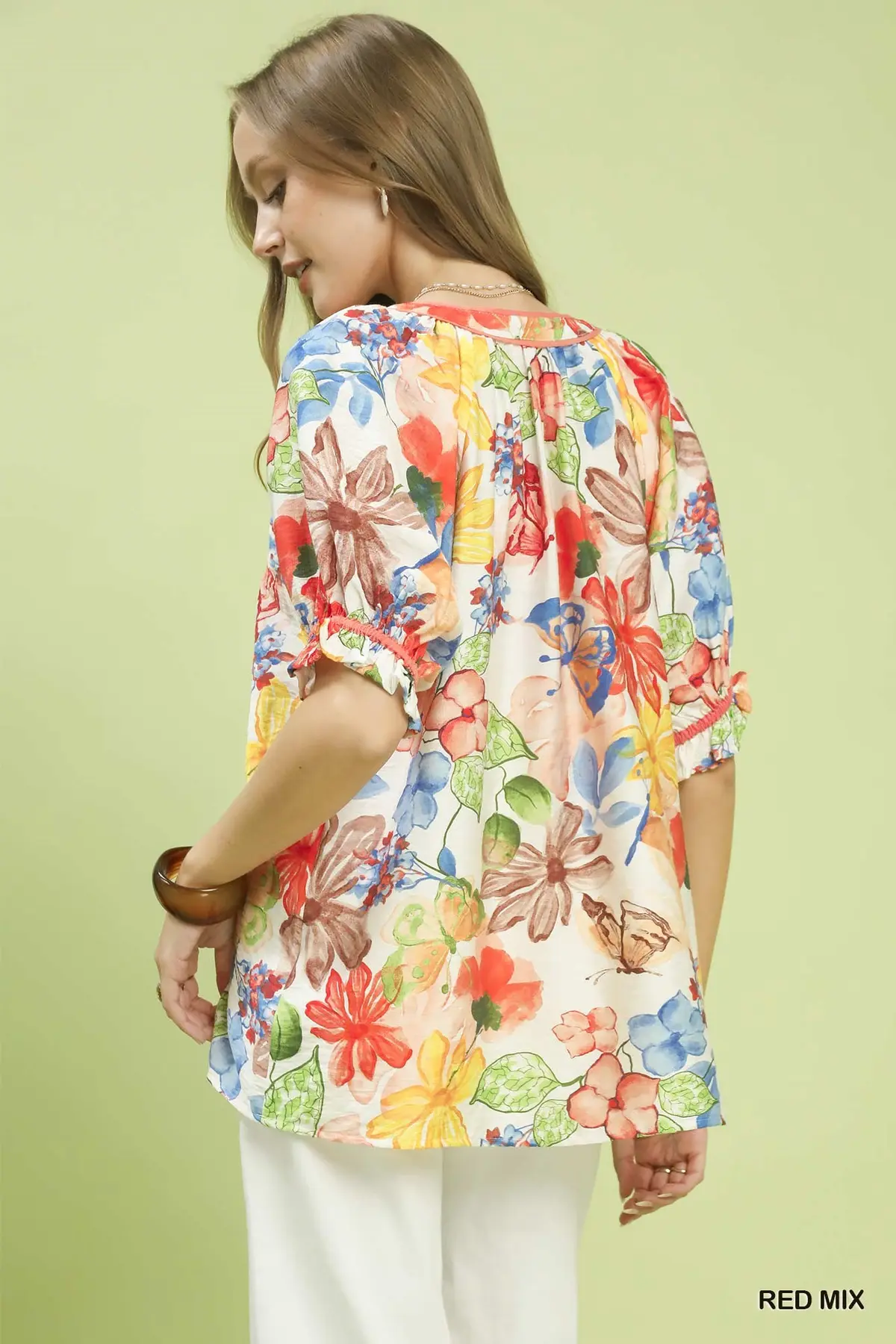 Red Mix Watercolor Floral Print Top