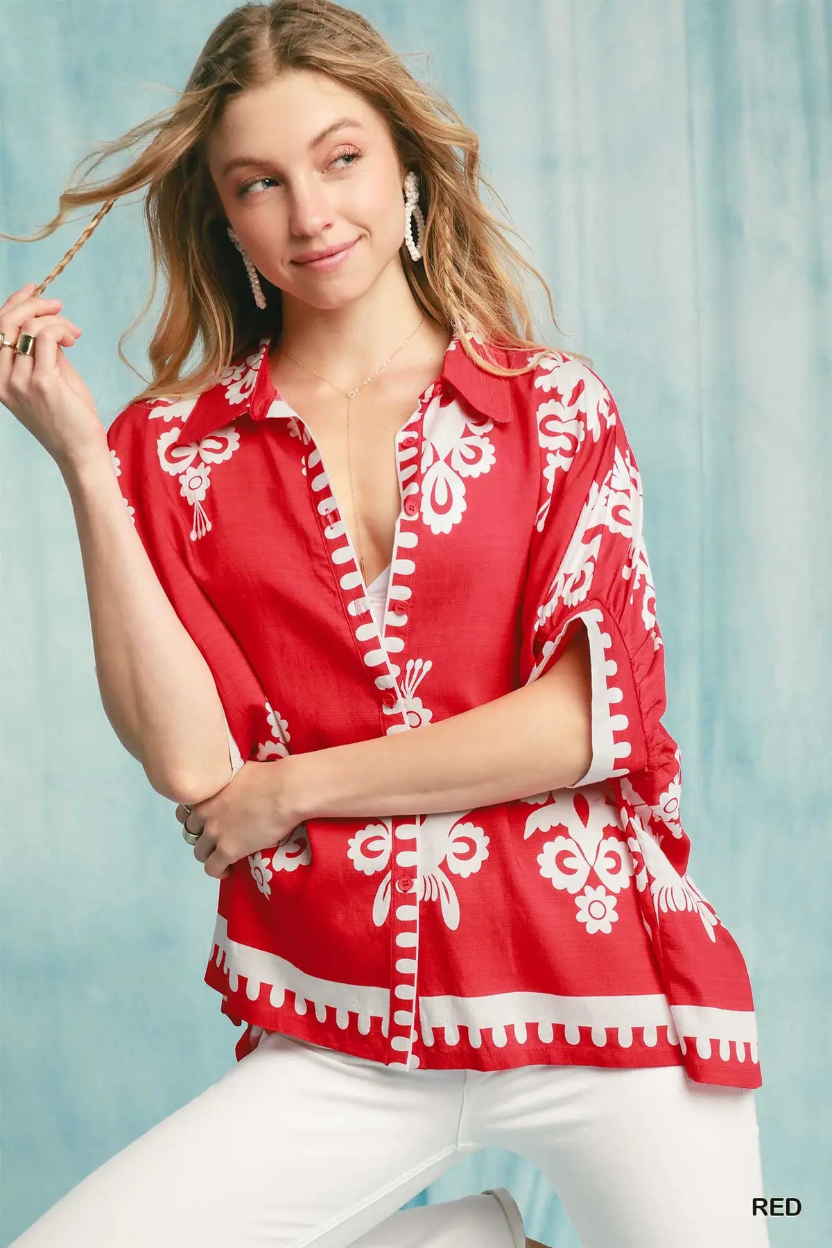 Red Riviera Button Down Top