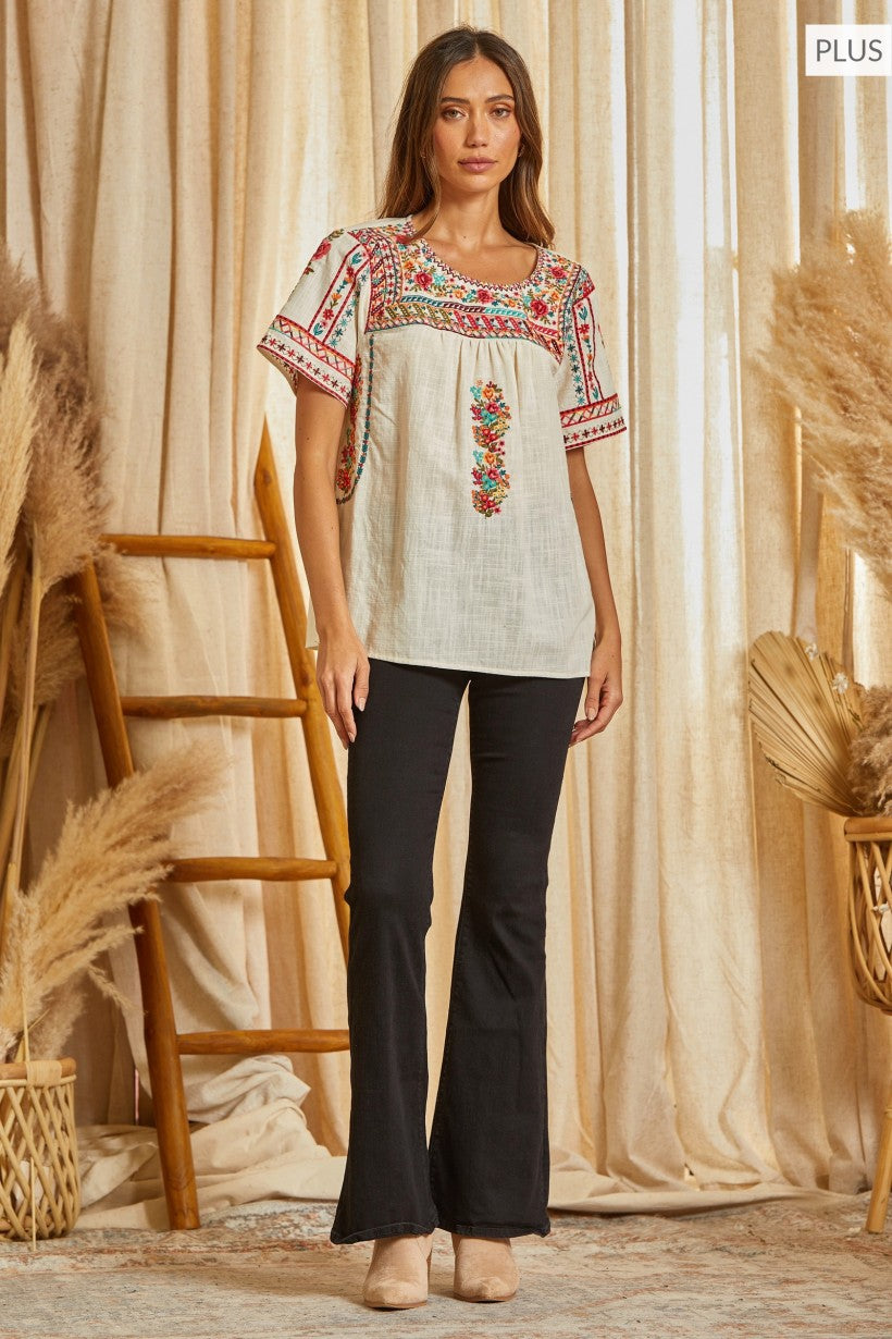 Natural Cream Short Sleeve Embroidered Top