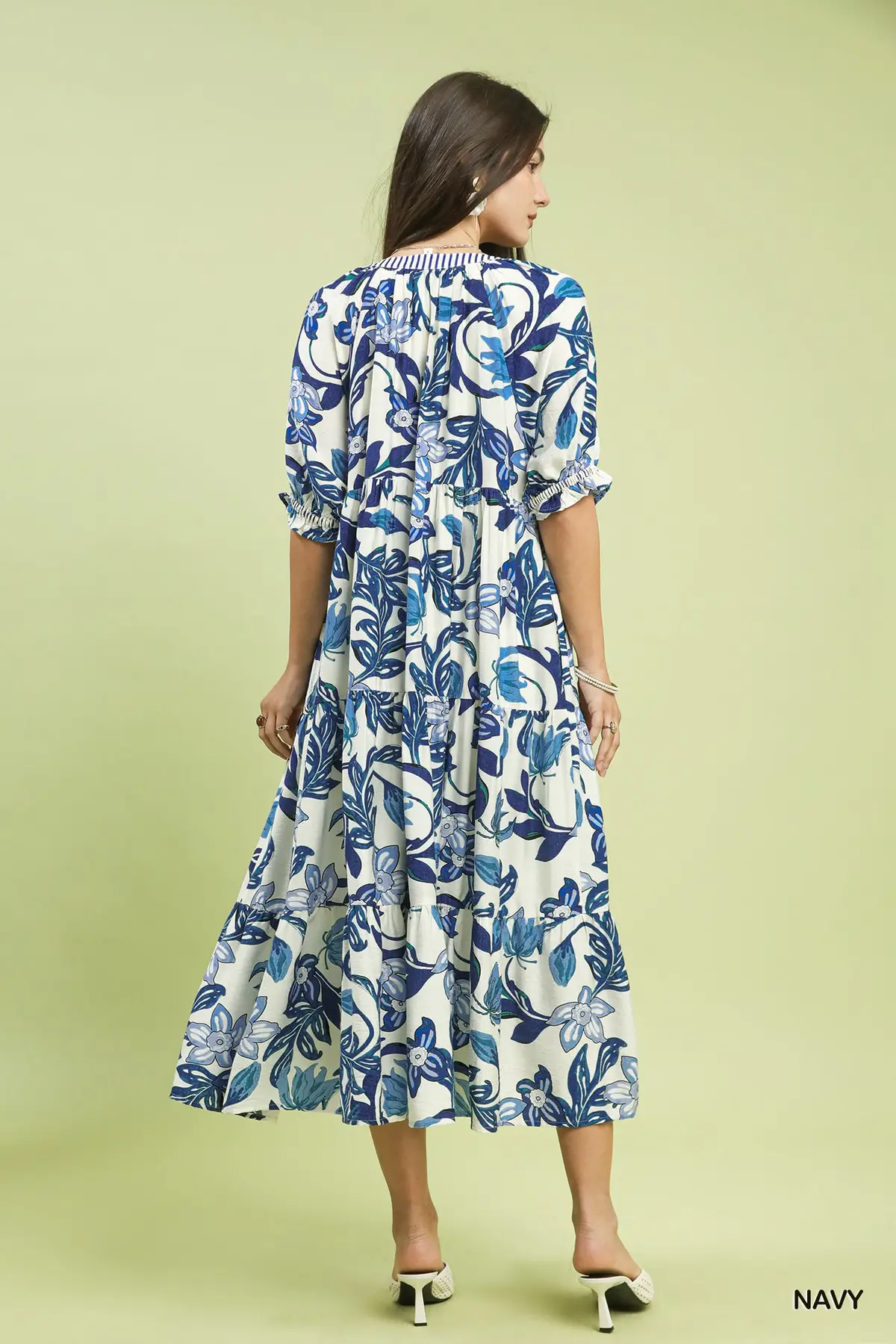 Navy Tropical Floral Tiered Midi Dress
