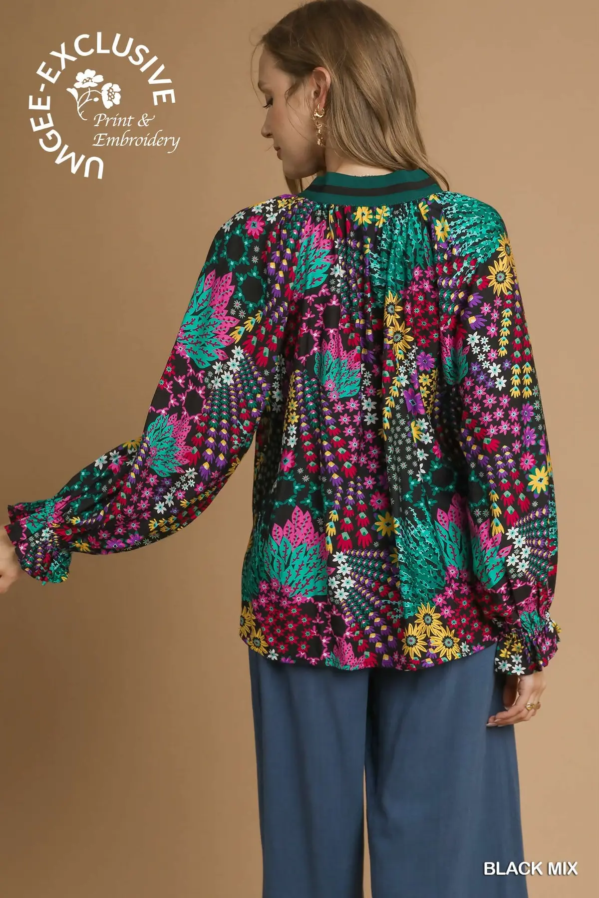 Black Mix Floral Print V-Neck Top