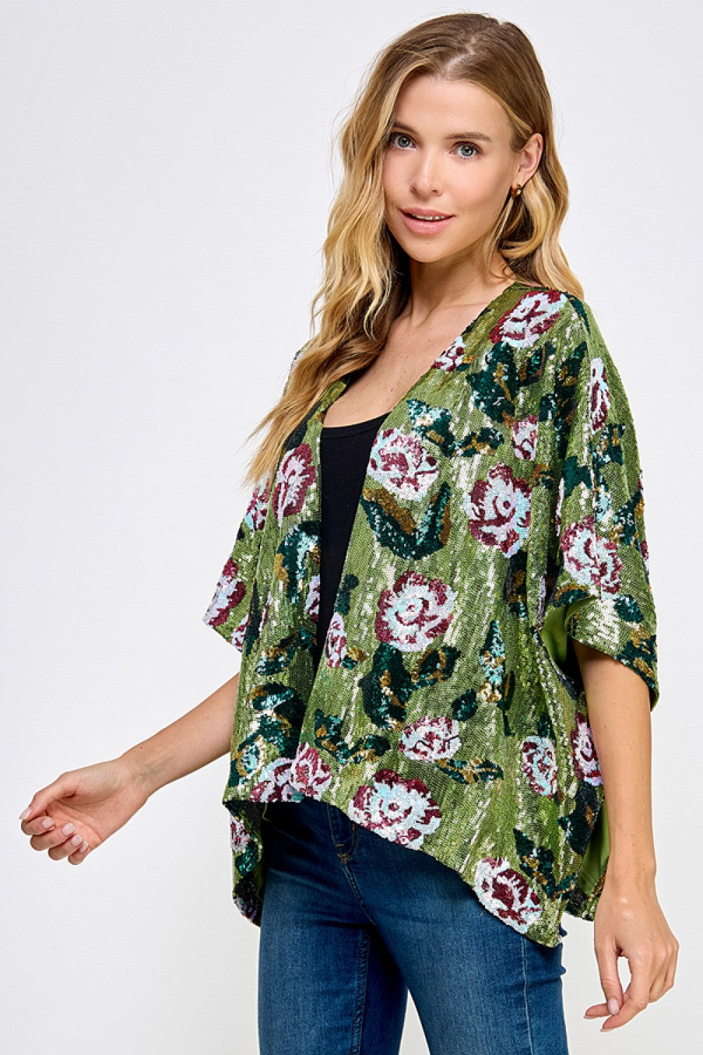 Lime Green Flower Sequin Kimono