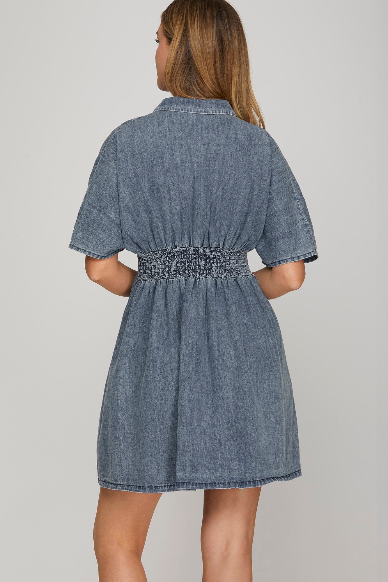Denim Pleated Shirt Mini Dress