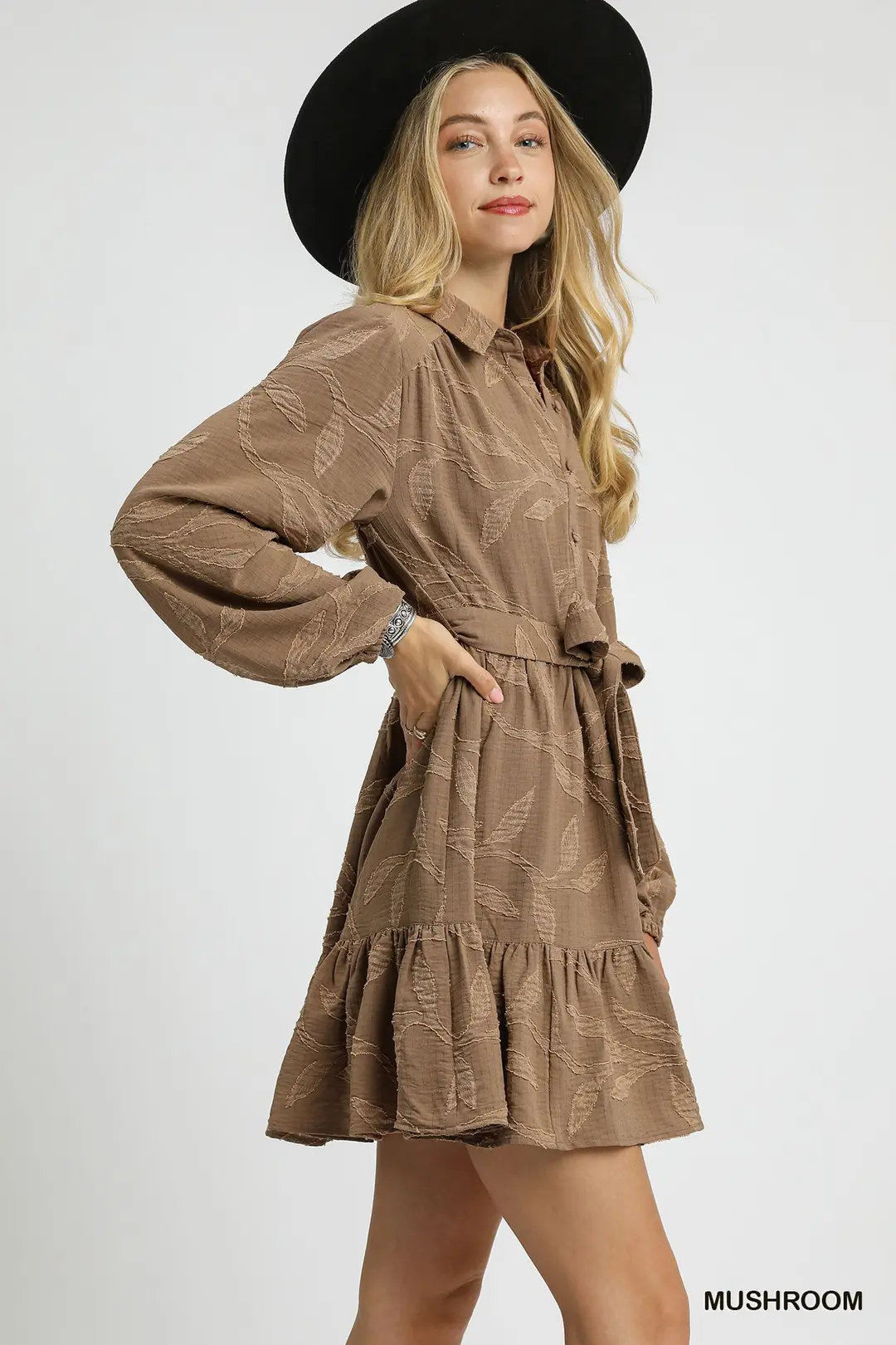 Taupe Jacquard Mini Dress w/ Tie Waist