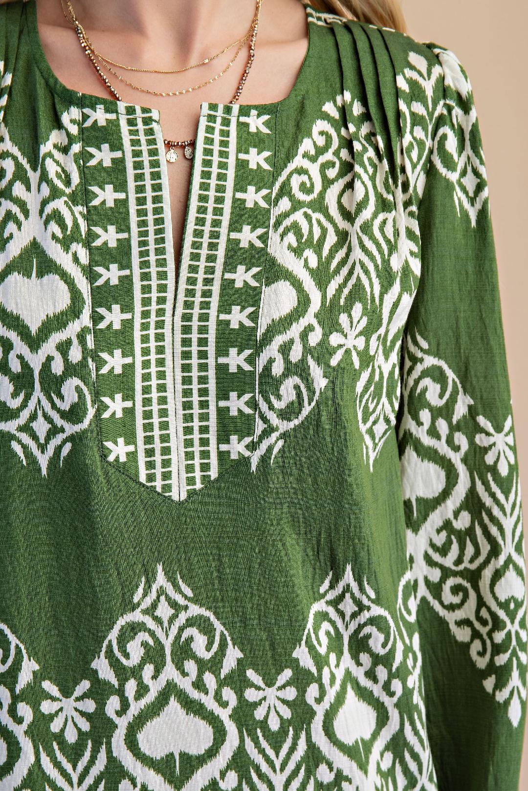 Olive Green & White  Long Sleeve Midi Dress