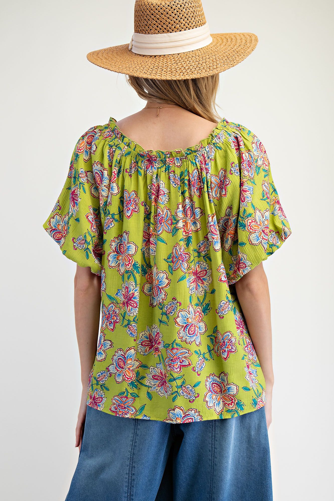 Chartreuse Floral Peasant Blouse