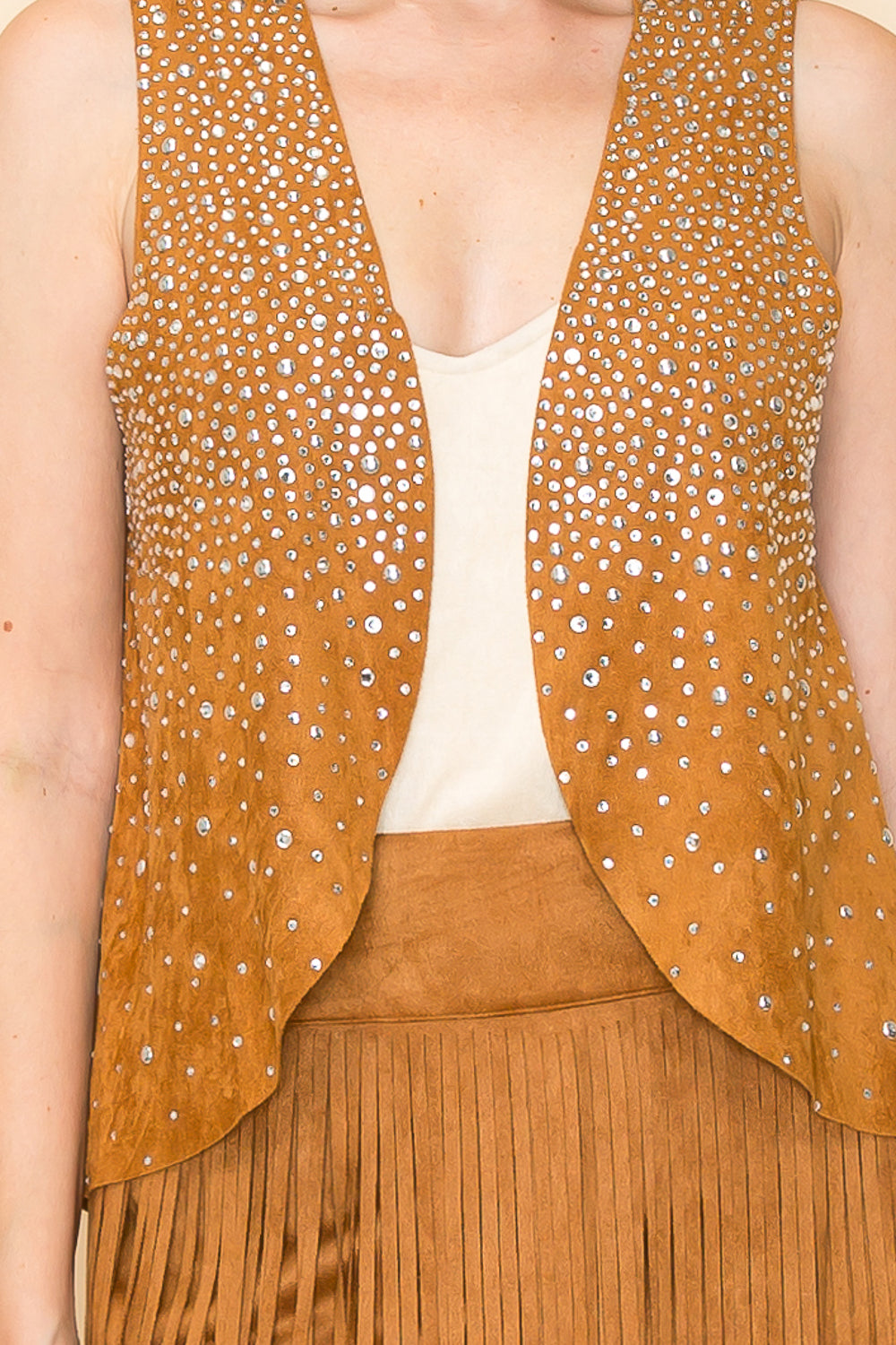 Camel Brown Ultra Suede Vest w/ Rhinestone Details