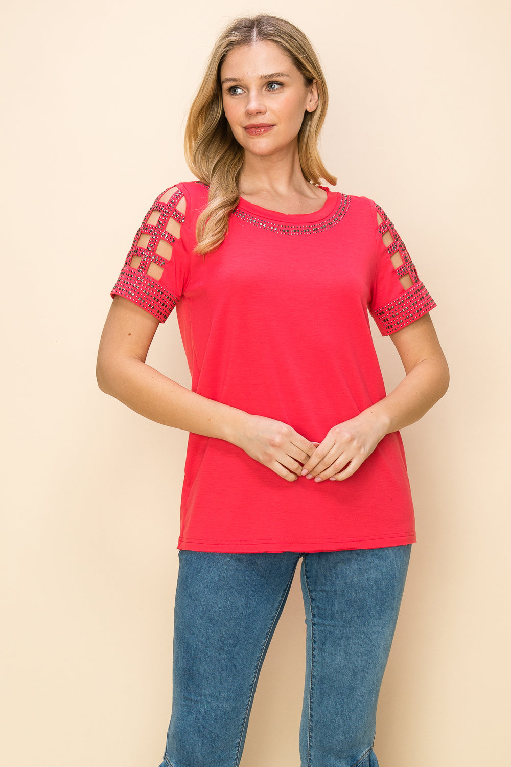 Coral Cutout Short Sleeve Top w/ Stud Details