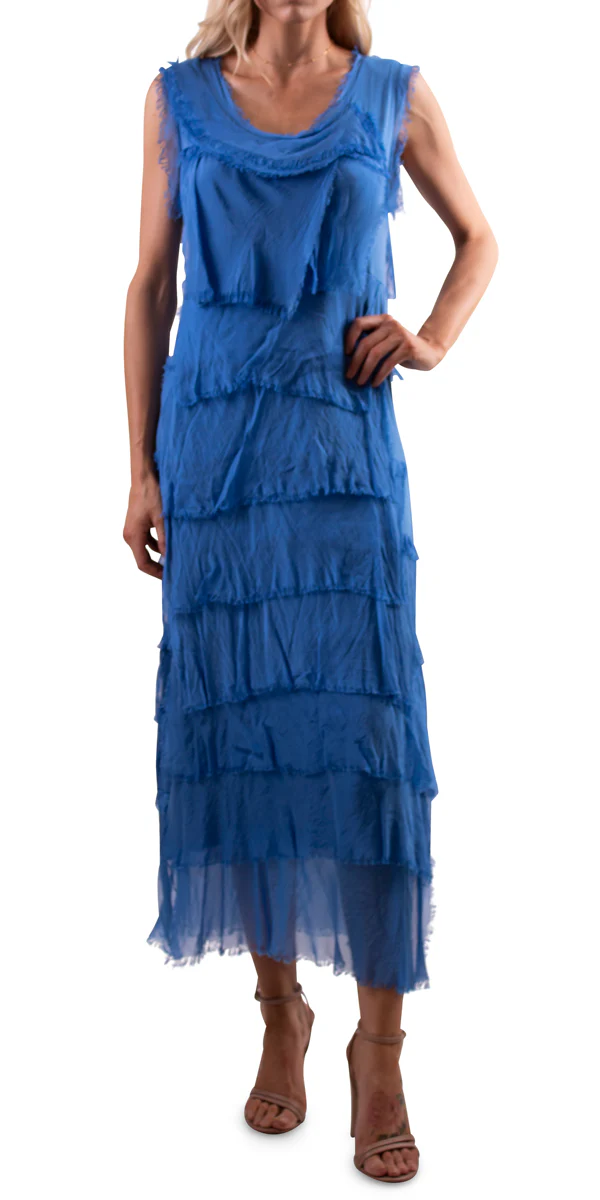 Washable Silk Sleeveless Ankle Length Ruffle Dress