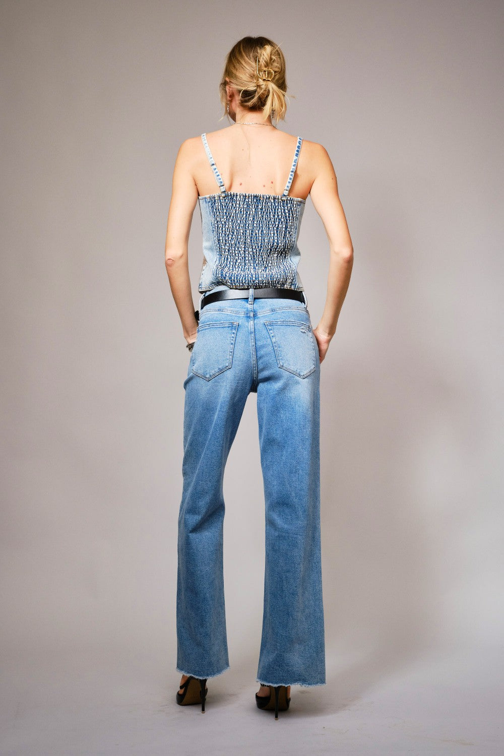Sequin Bow Embroidered Denim Corset Top