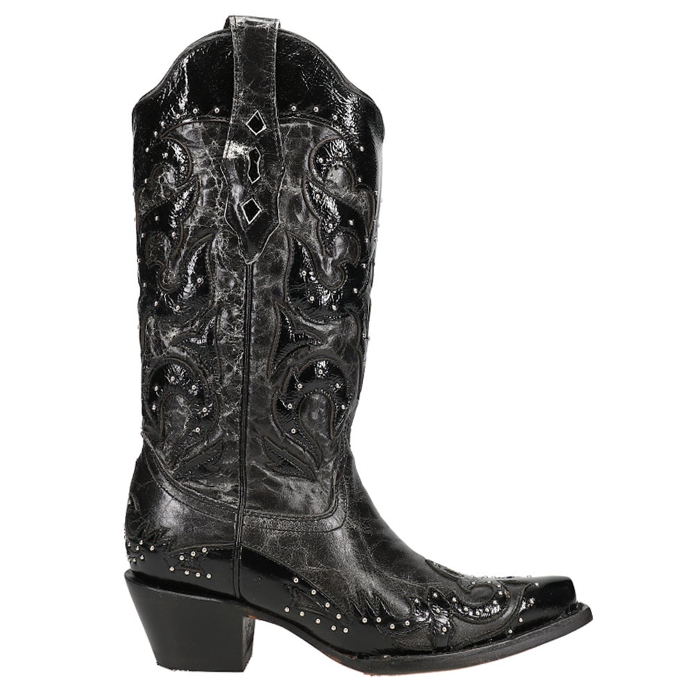 Ladies Black Overlay & Embroidery & Studs Wing Tip Boots