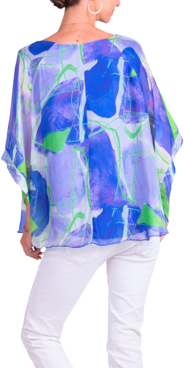 Silk Top w/ Abstract & Ink Lines/Royal Blue