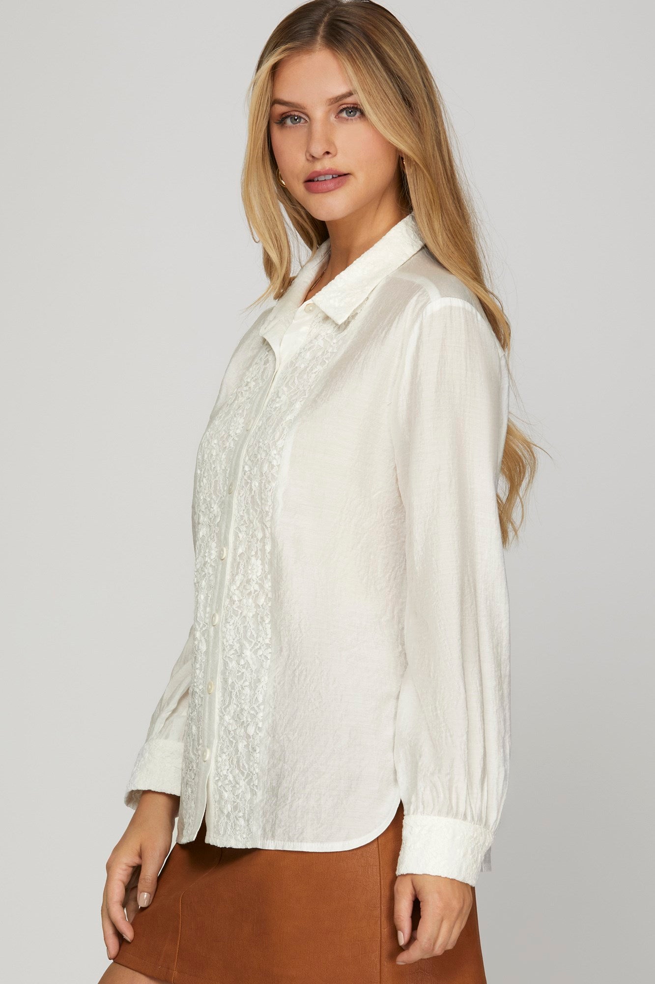 Off White Lace Front Classic Button Down Shirt