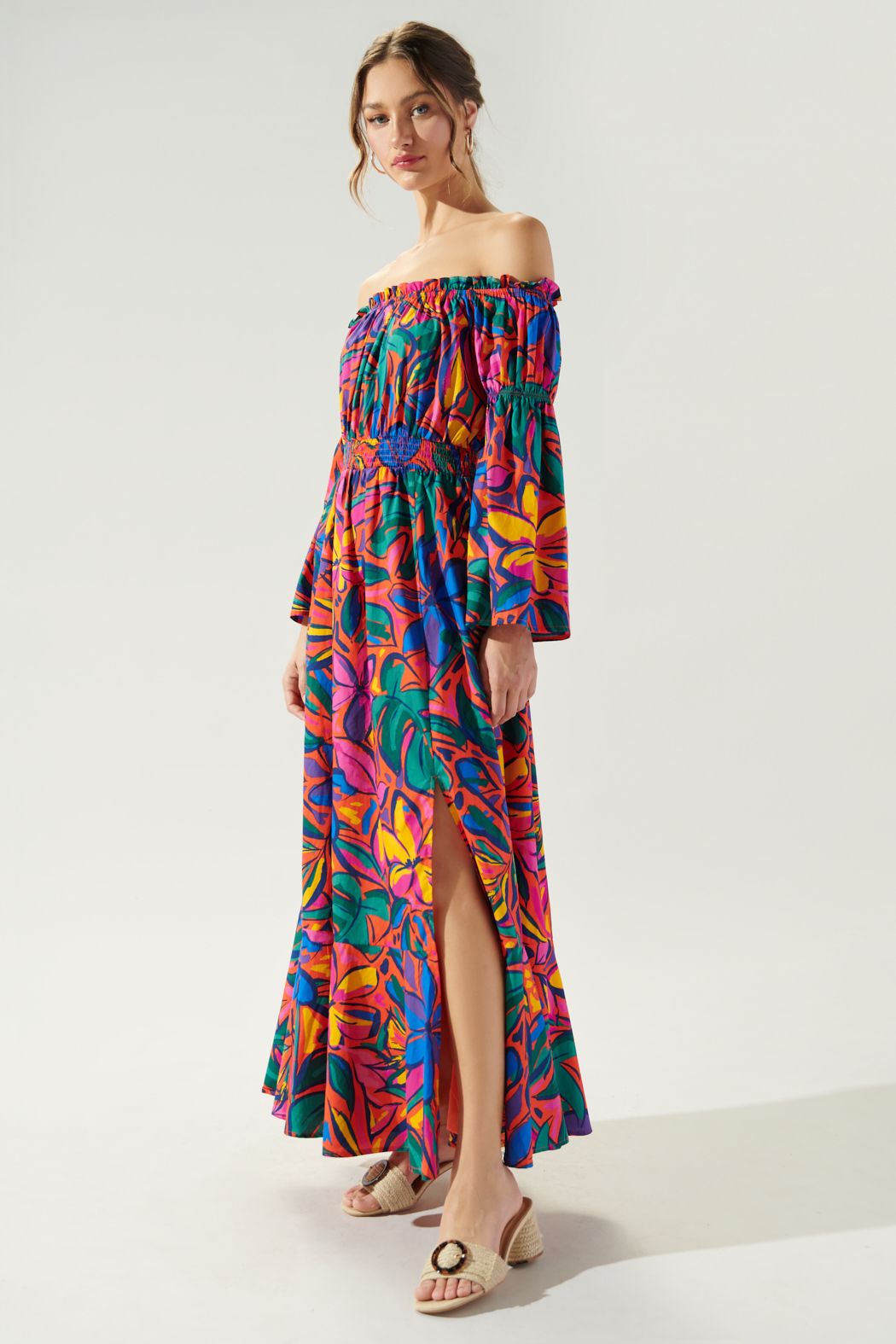 Rainbow Tropics Off The Shoulder Maxi Dress