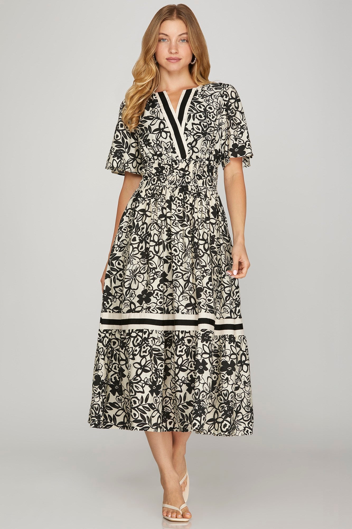 Black & Ivory Floral Contrast Midi Dress