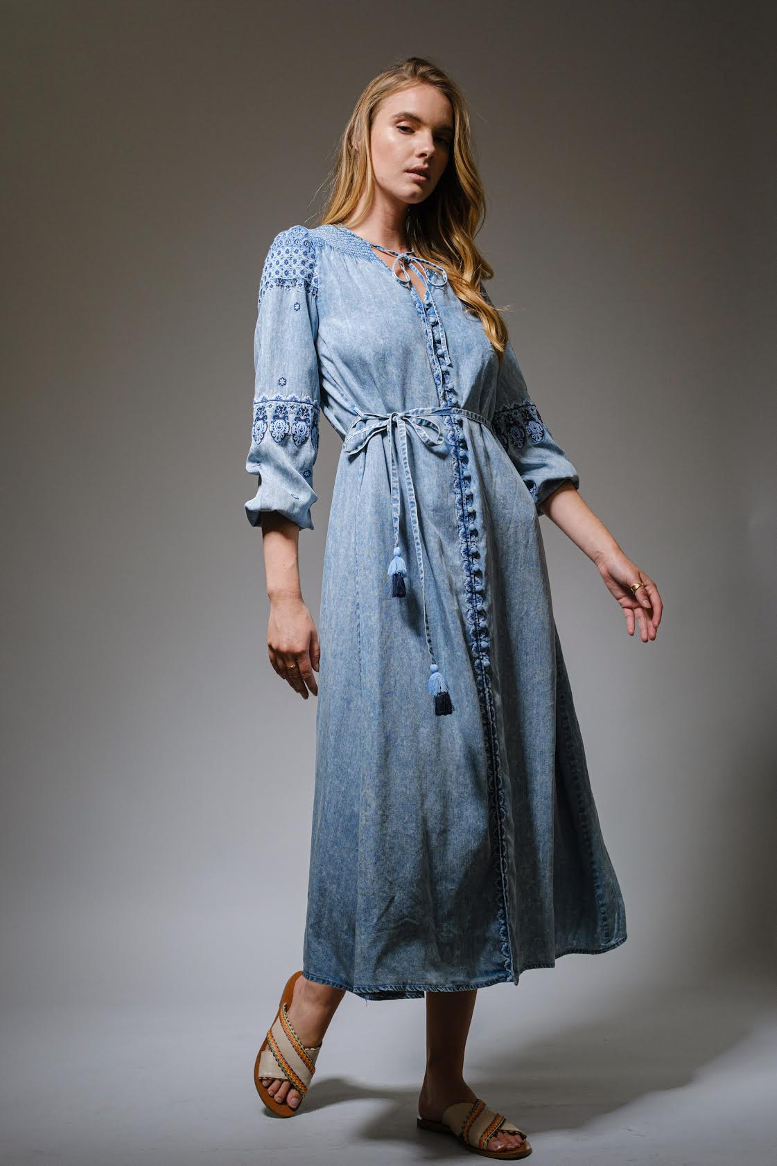 Washed Tencel Denim Embroidered Maxi Dress