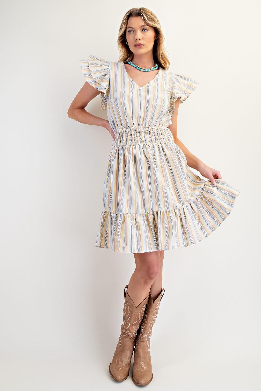 Smocked Waist Flutter Sleeve Dress