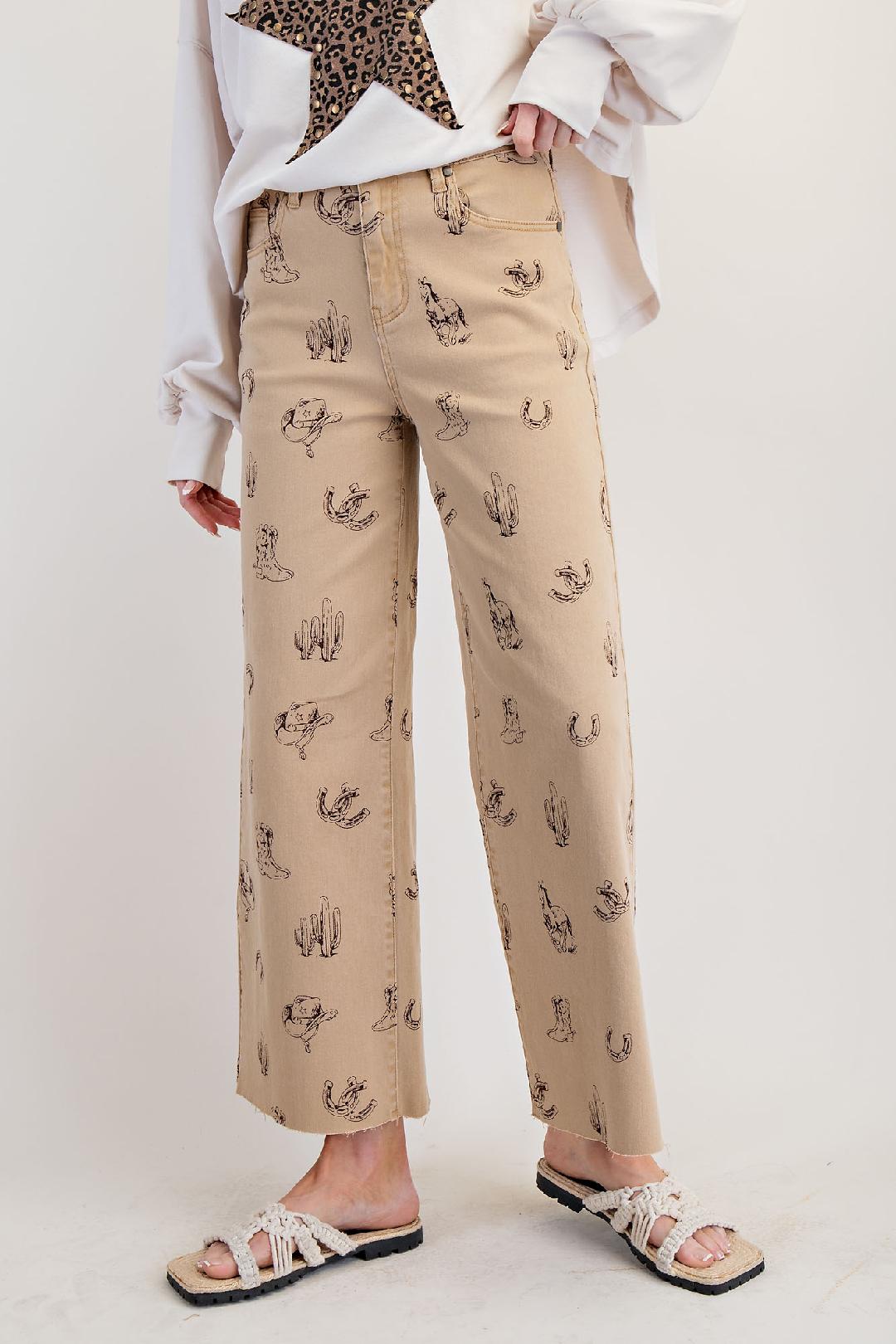 Khaki Western Printed Washed Twill Pants
