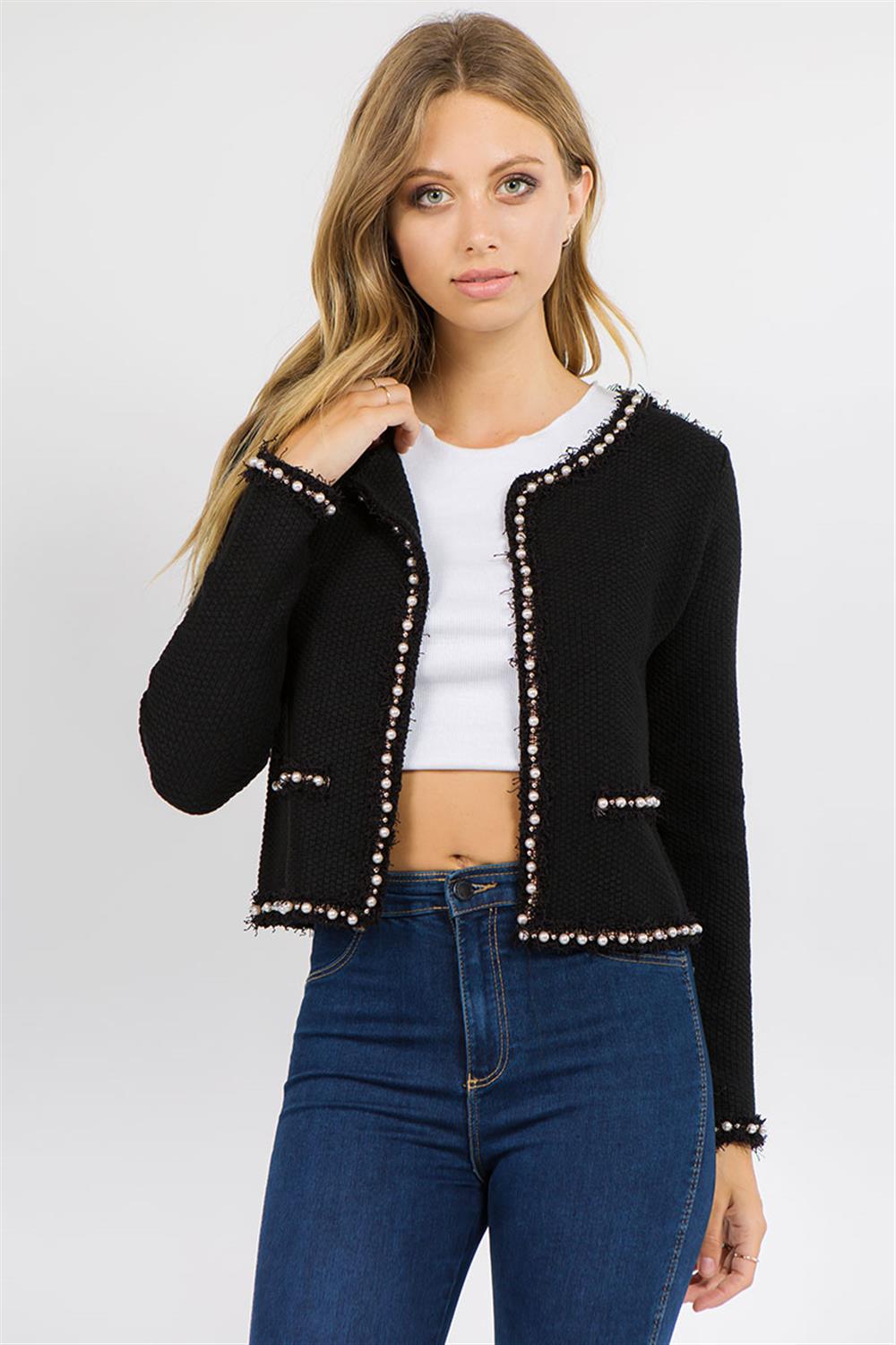 Josette Frayed Pearl Trim Knit Jacket