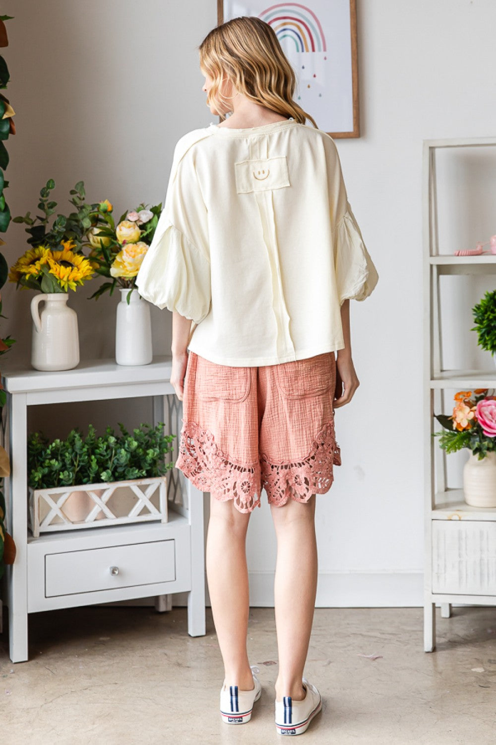 Cream Mineral Washed Bubble Sleeve Top