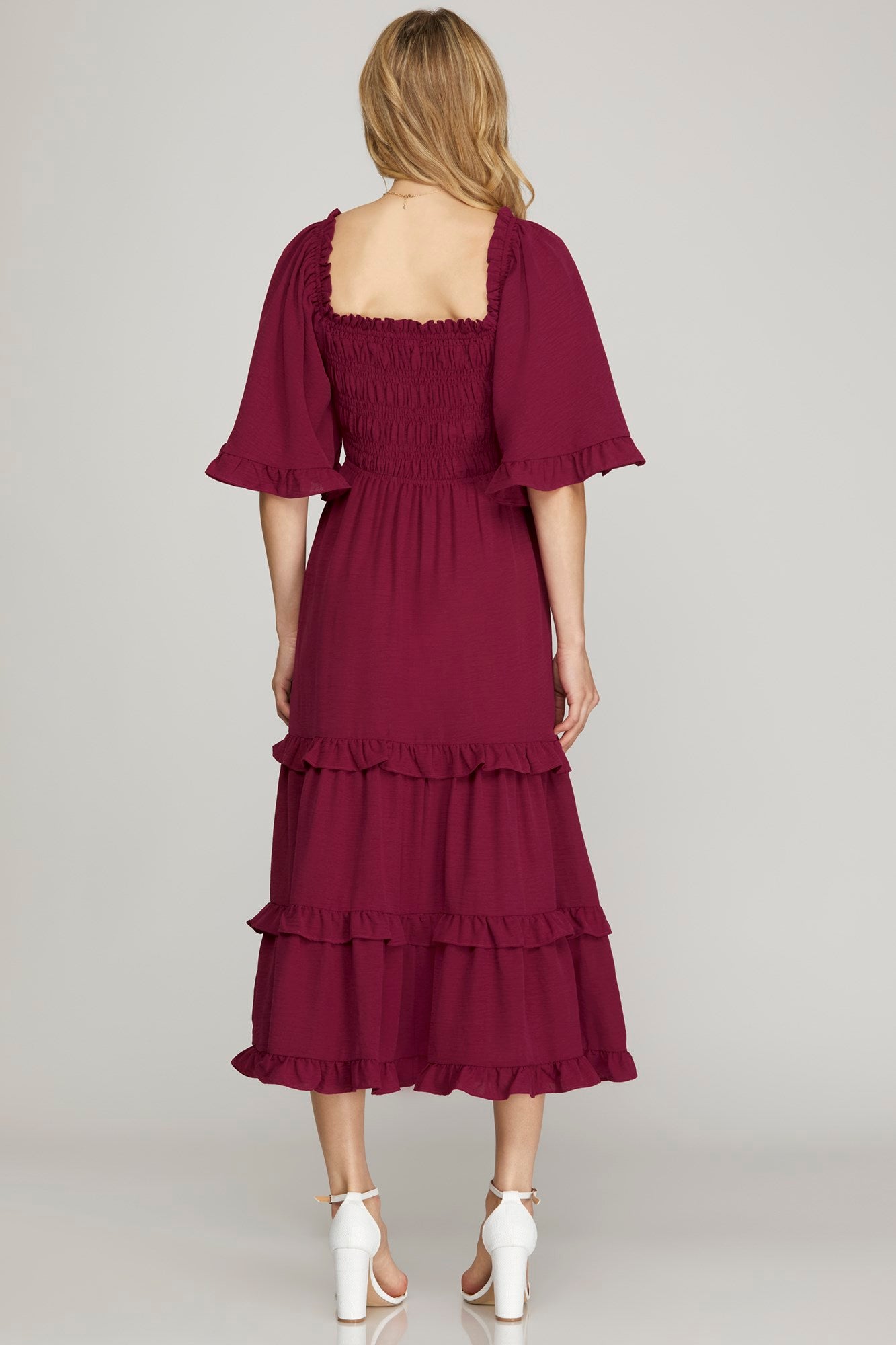 Maroon Smocked Tiered Midi Dress