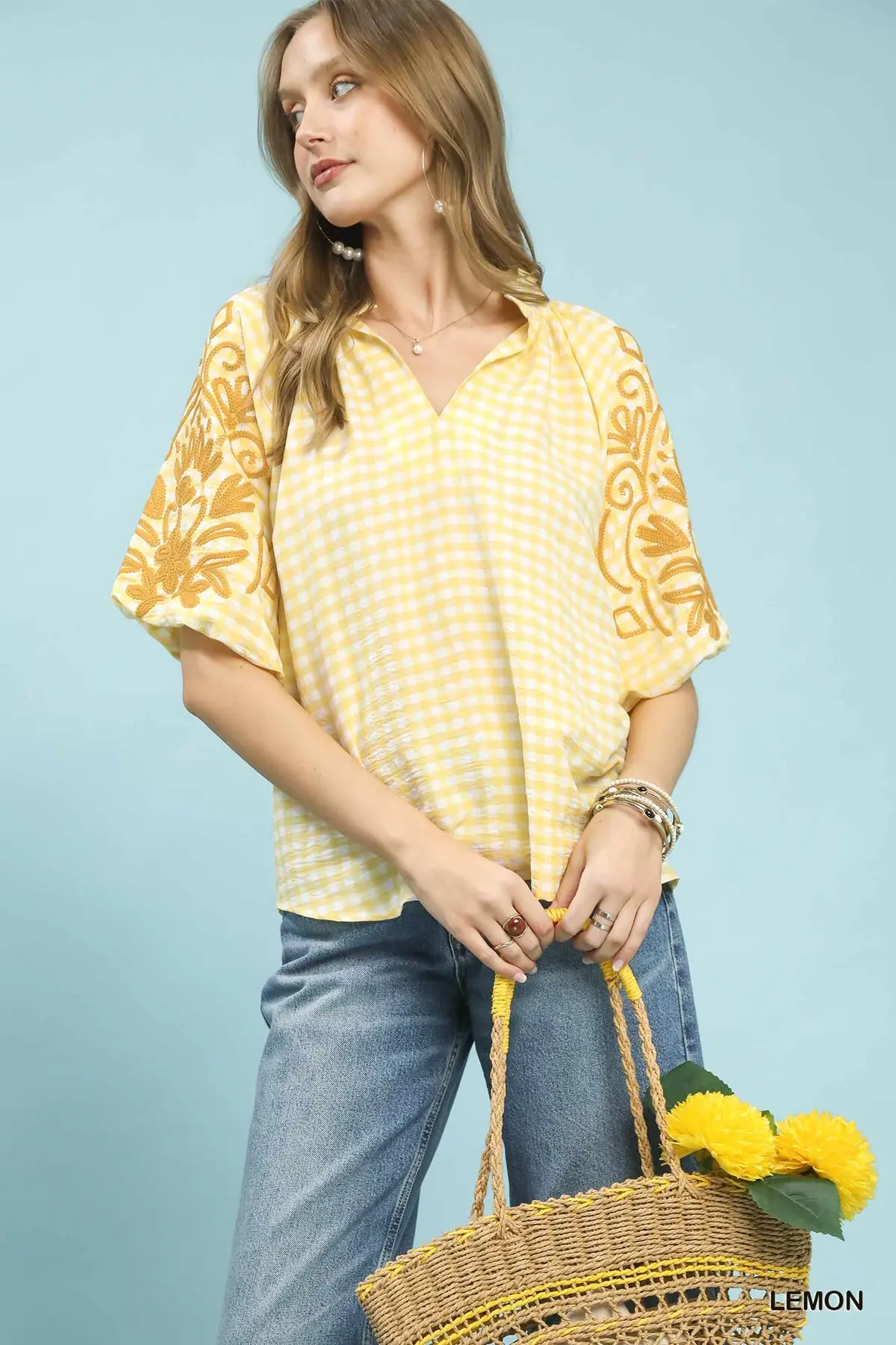 Lemon Gingham Embroidered Balloon Sleeve Top