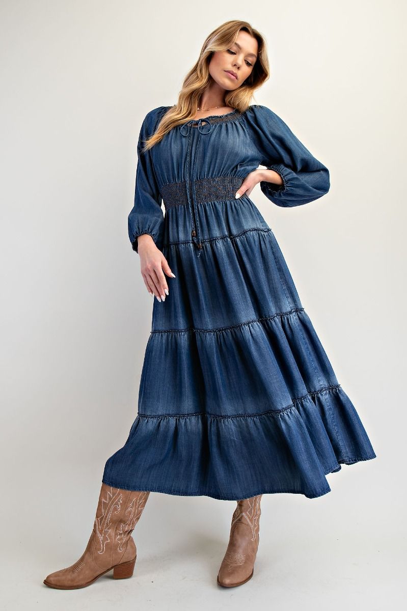 Smocked & Tiered Denim Maxi Dress
