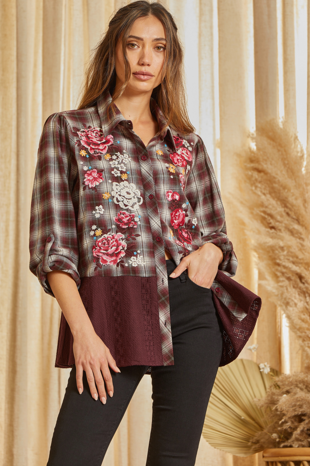 Wine Button Front Plaid Top w/ Embroidery