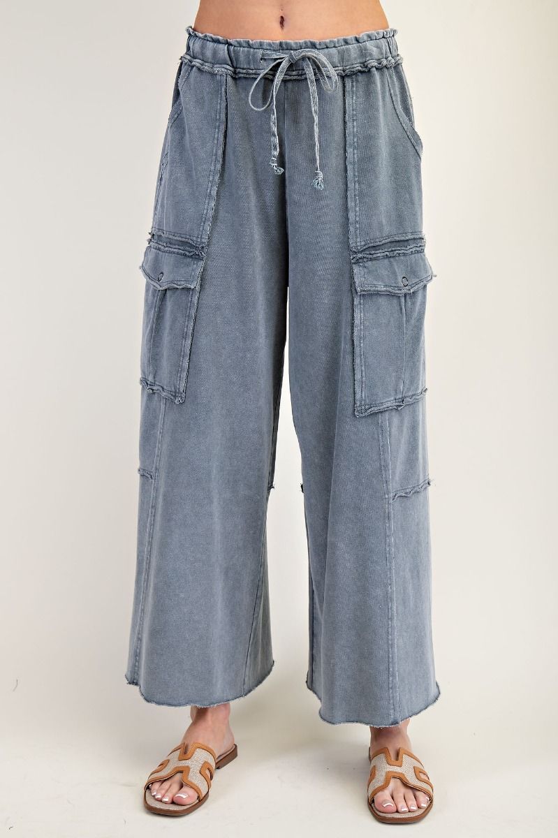 Washed Denim Wide Leg Terry Cargo Sweatpants