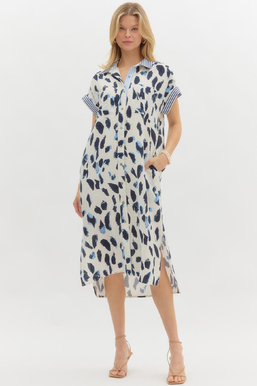 Navy & Light Blue Animal Print Shirt Dress