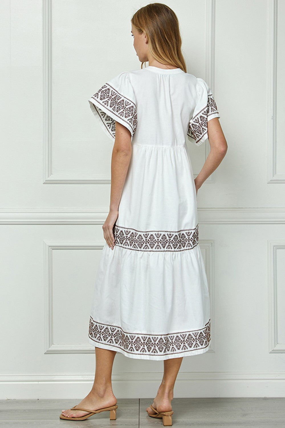 Off White Linen & Cotton Blend Embroidered Dress