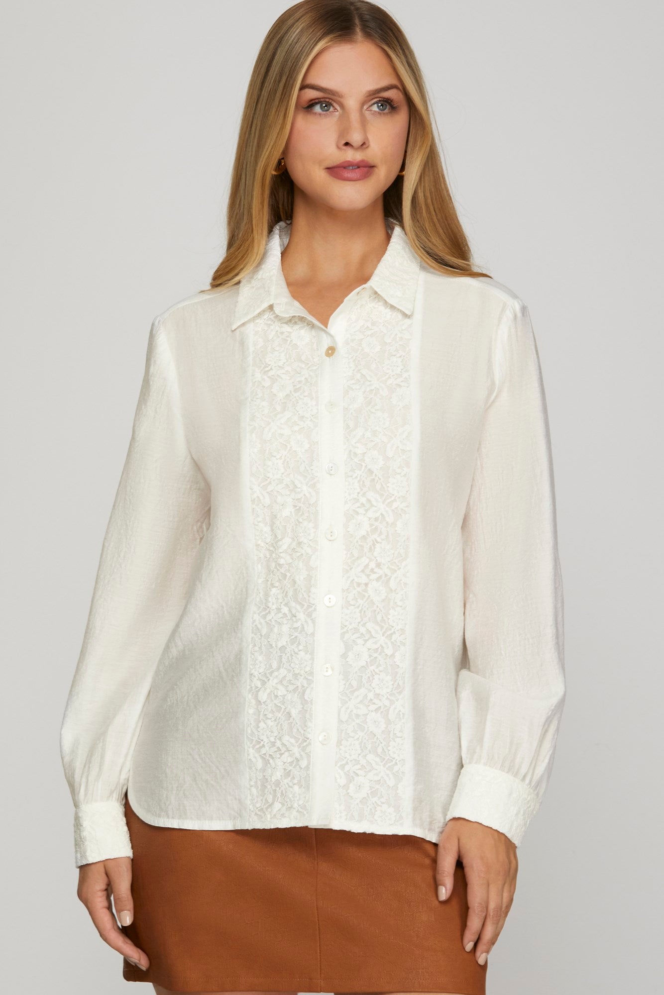 Off White Lace Front Classic Button Down Shirt
