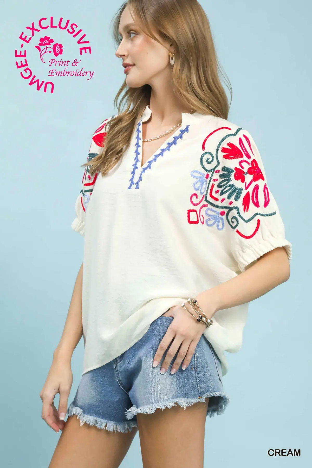 Fiesta Bloom Embroidered Puff Sleeve Top