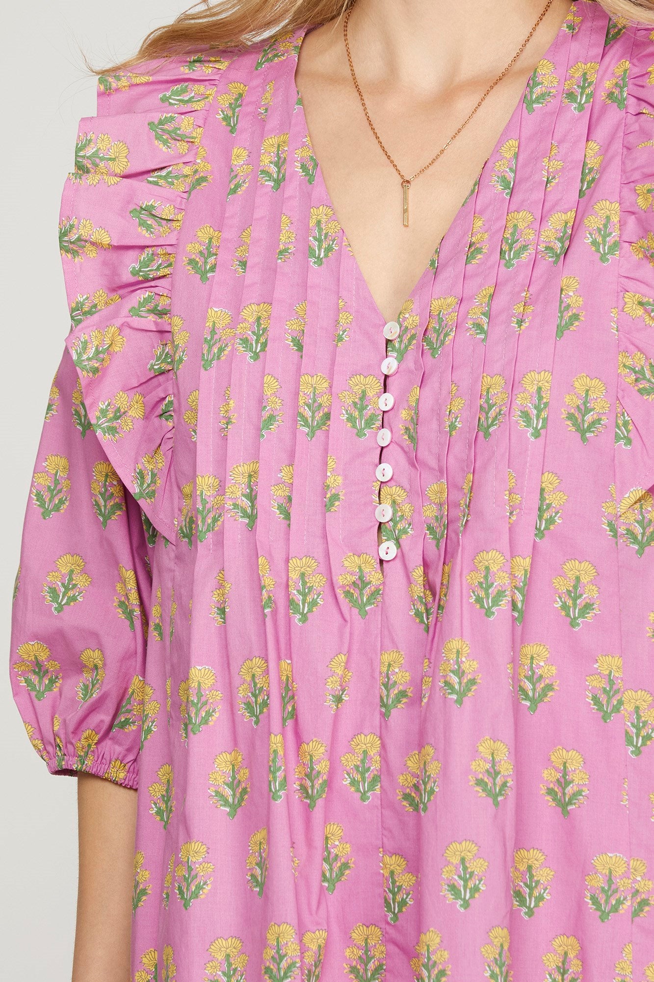 PInk & Yellow Daisy Pintuck Mini Dress