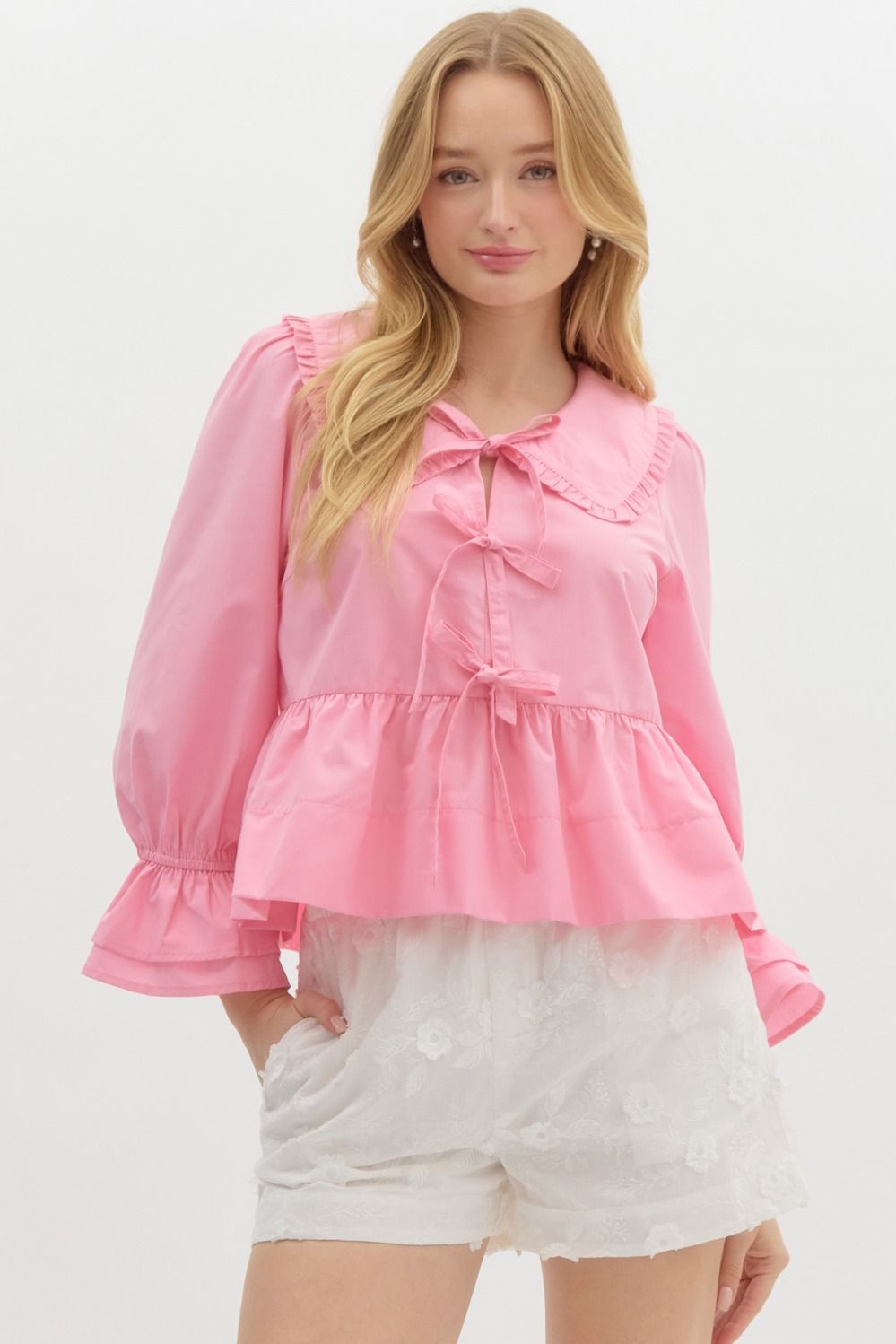 Pink Peter Pan Collared Peplum Top