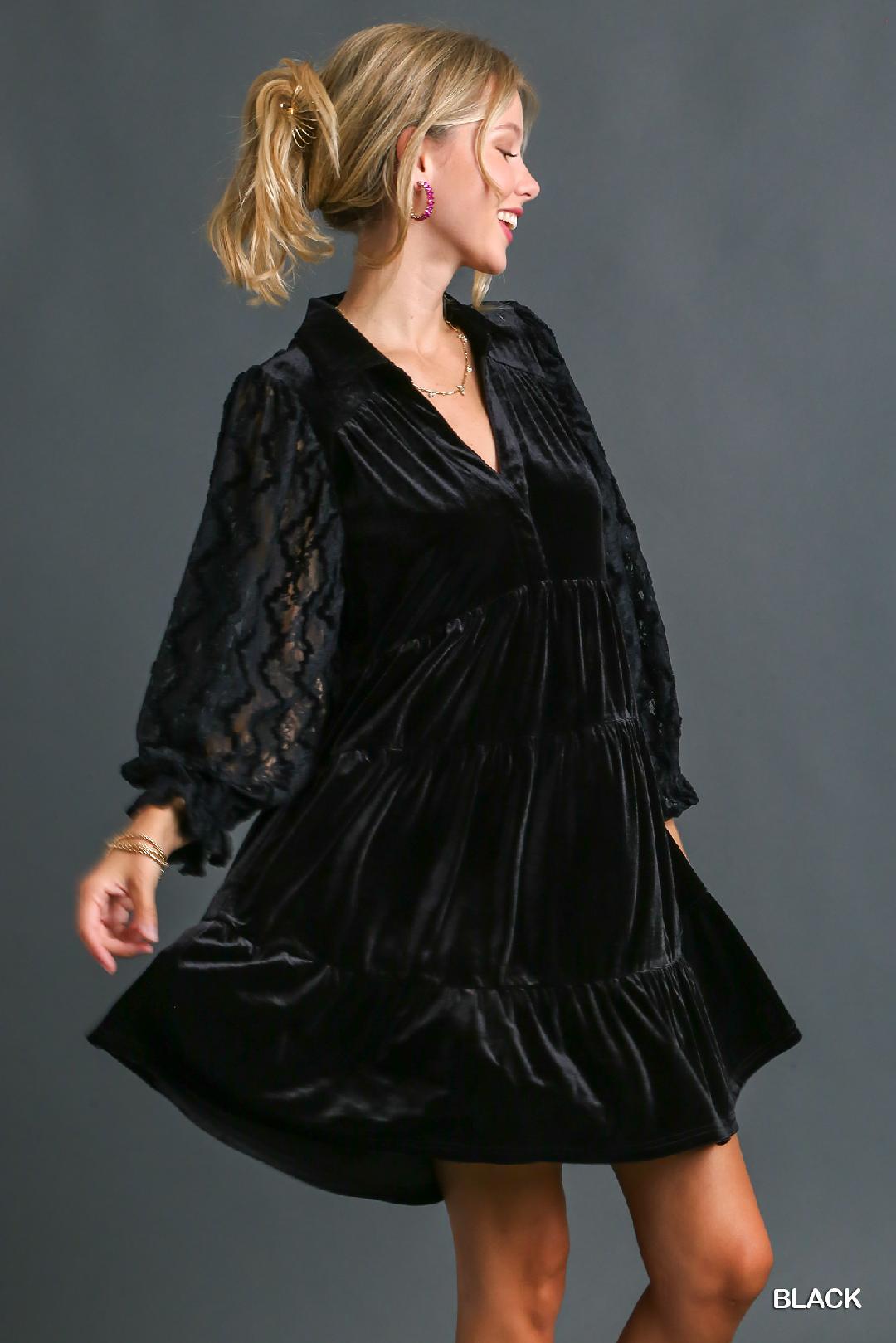 Black Velvet Dress w/ Lace Details