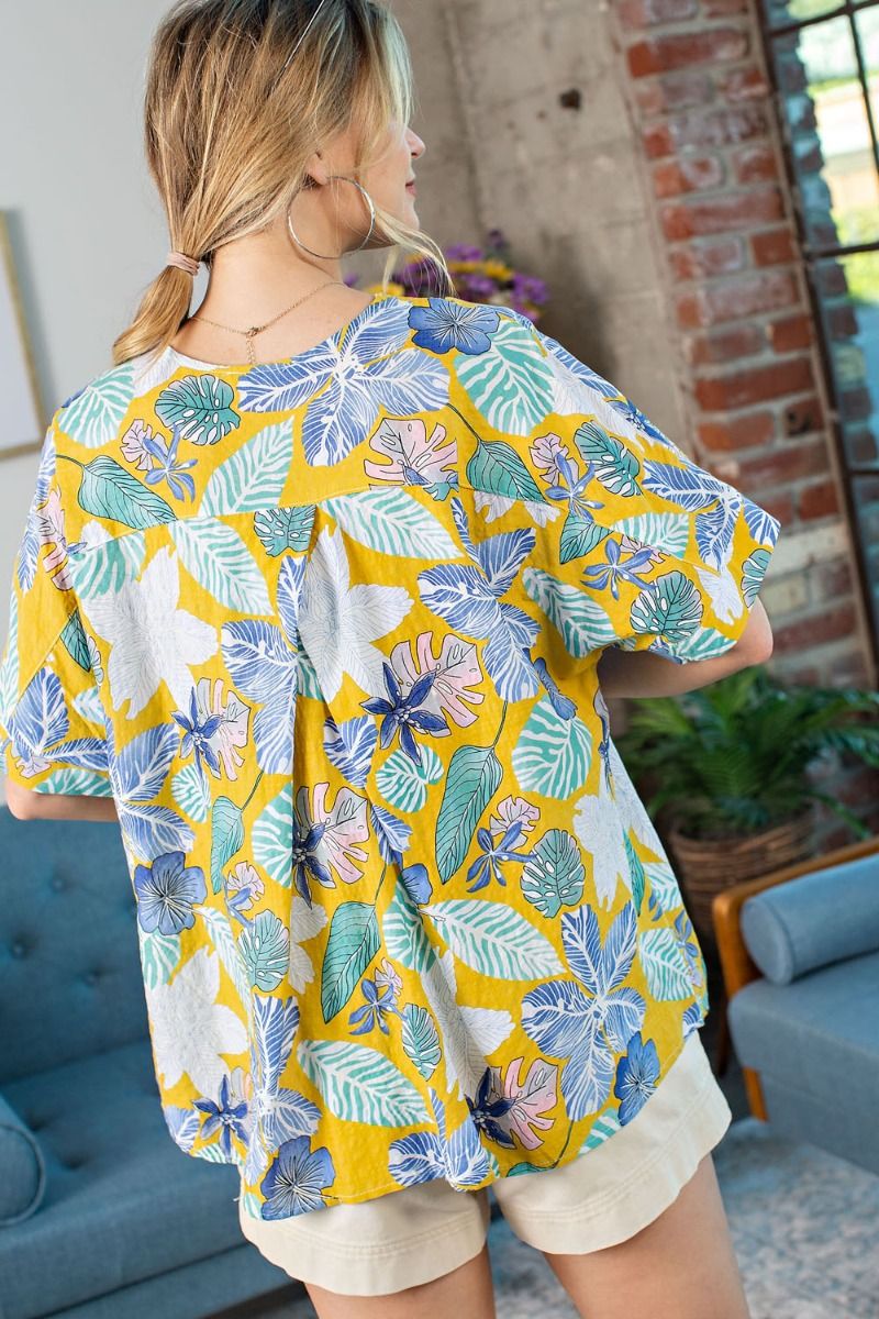 Yellow & Blue Tropical Floral V-Neck Top