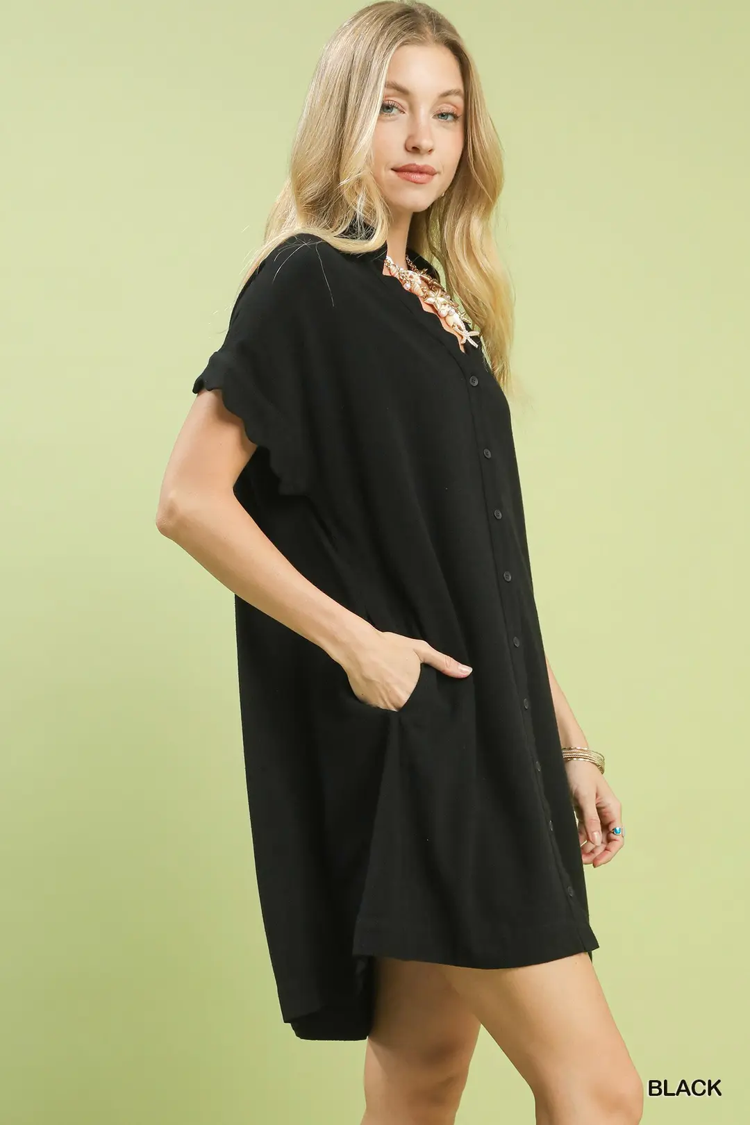 Black Linen/Cotton Blend Scalloped Mini Dress
