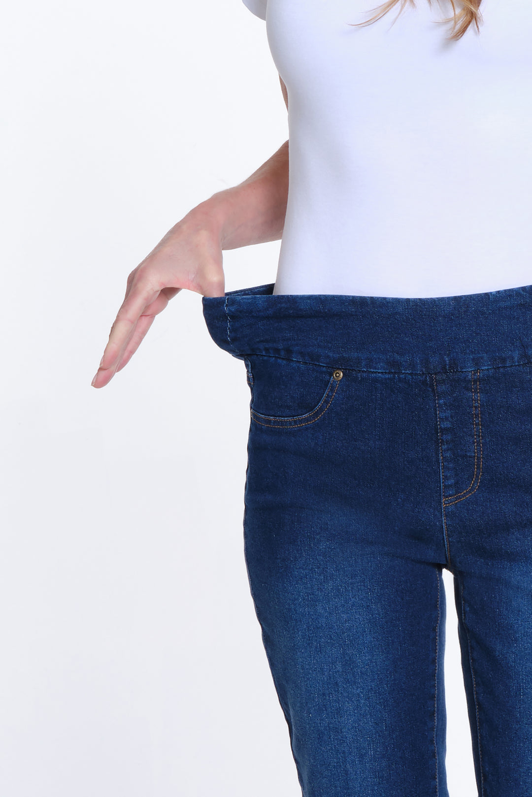 Denim Pull On Jeans w/ Pearl Details at Hem by Slimsation