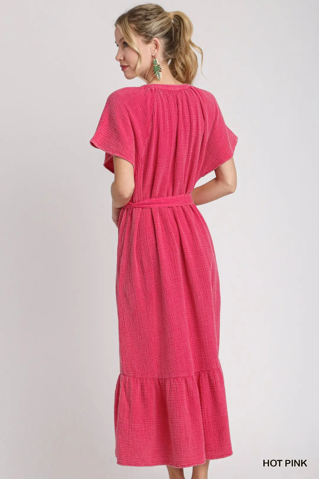 Hot Pink Cotton Gauze Button Down Midi Dress