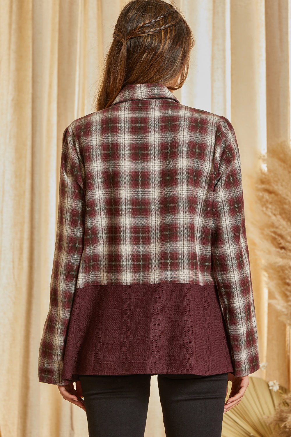 Wine Button Front Plaid Top w/ Embroidery